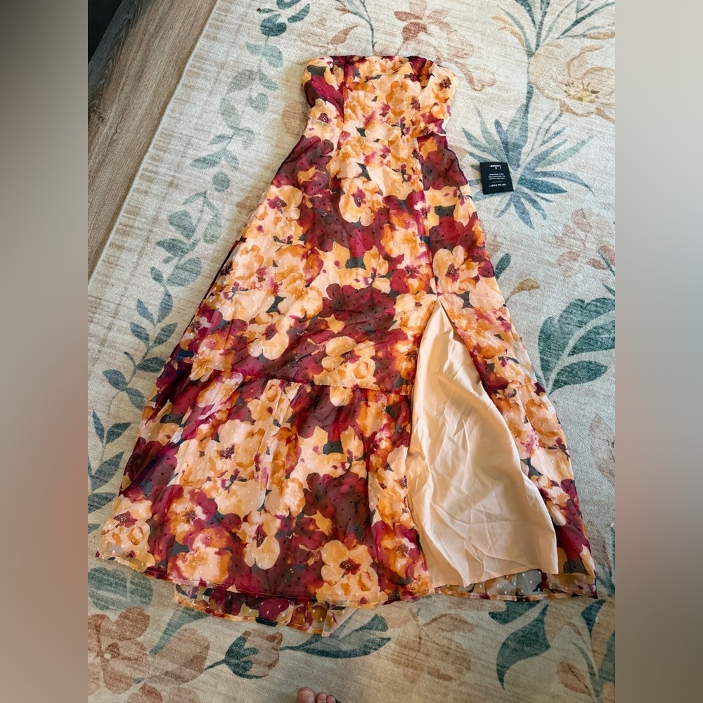 Lulus Bright Perspective Plum and Orange Floral Strapless
Midi Dress - Picture 4 of 4